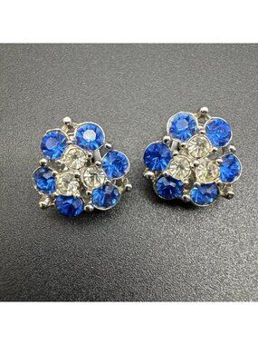 VTG Bogoff Blue Cobalt Clear Rhinestone Flower Silver Tone Clip On Earrings